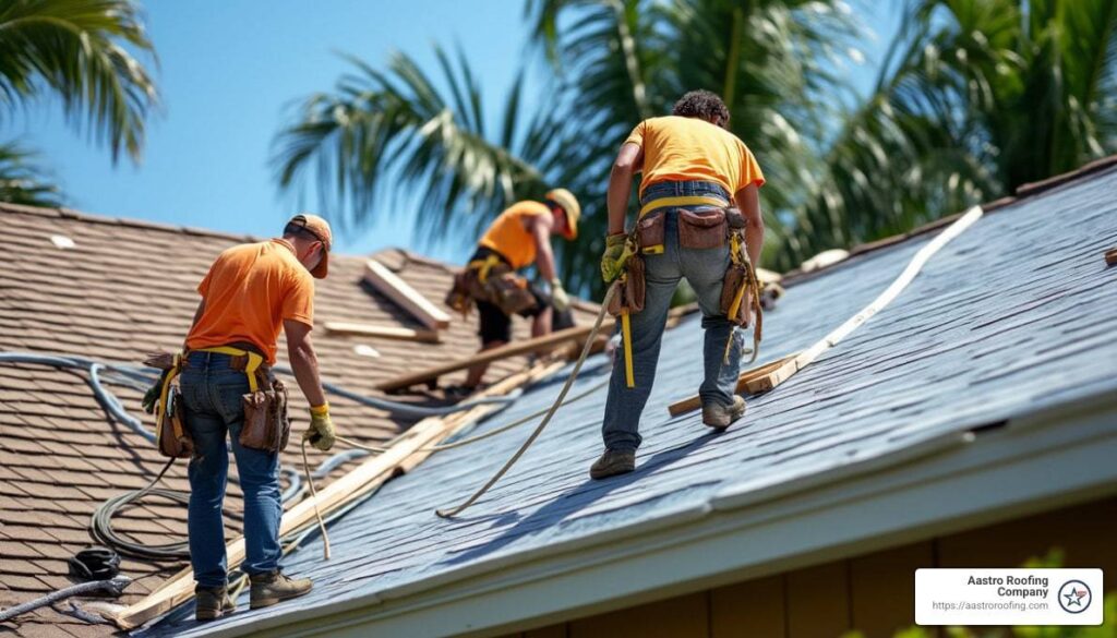 High-quality roofing professionals installing durable shingles on residential roof in a sunny environment.