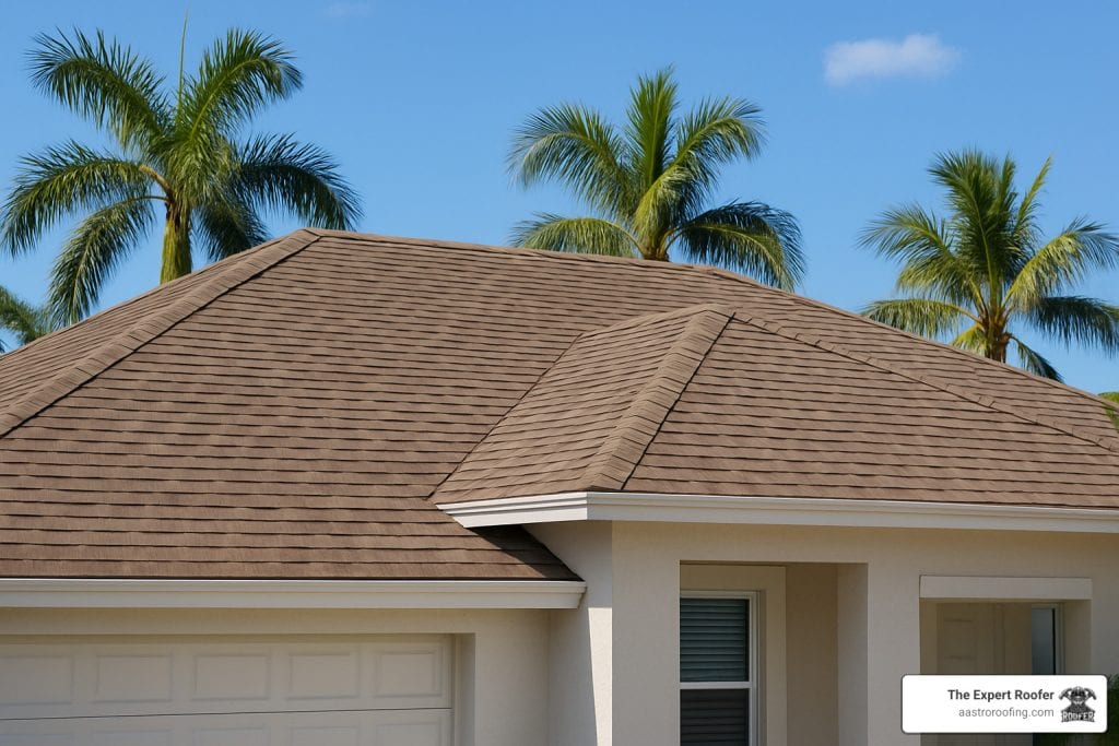 A modern house with a brown shingle roof is shown under a clear blue sky, surrounded by tall palm trees. The roof appears new and well-maintained. A small sign in the corner reads “The Expert Roofer aastroofing.com.”.