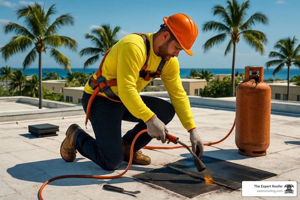 A construction worker in safety gear uses a propane torch to apply roofing material on a flat rooftop, with palm trees and ocean visible in the background. A gas cylinder is nearby. The Expert Roofer logo is in the corner.