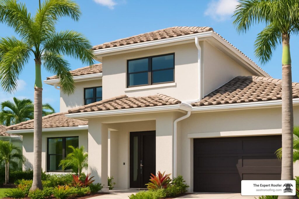From Gutter to Glory: Financing Your New Roof 9 A modern two-story house with a beige exterior, brown tiled roof, black framed windows, a dark garage door, and tropical landscaping with palm trees under a clear blue sky.