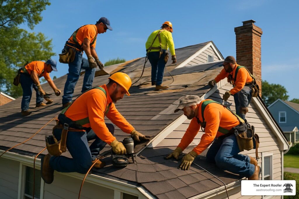Six construction workers in orange safety gear and helmets install shingles on a house roof under a clear sky, using tools and safety ropes. A company logo, "The Expert Roofer," appears in the bottom right corner.