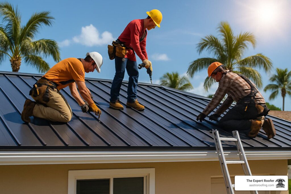 Three workers in safety helmets install a metal roof on a house under a sunny sky with palm trees in the background. Tools and a ladder are visible, and a company logo reads "The Expert Roofer.