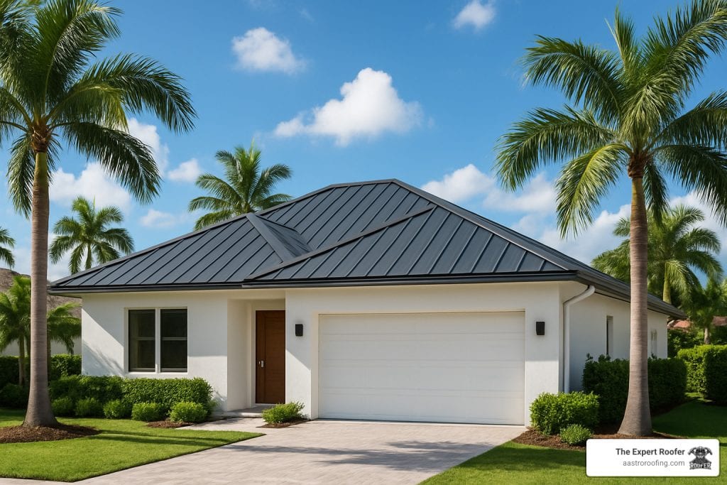 A modern single-story house with a dark metal roof, white exterior walls, a wooden front door, and a two-car garage, surrounded by green lawns, hedges, and palm trees under a blue sky.