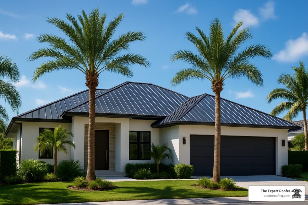 A modern single-story house with a dark metal roof, light exterior walls, and a two-car garage. Tall palm trees and lush landscaping surround the home under a bright blue sky. A small business logo is in the lower right corner.
