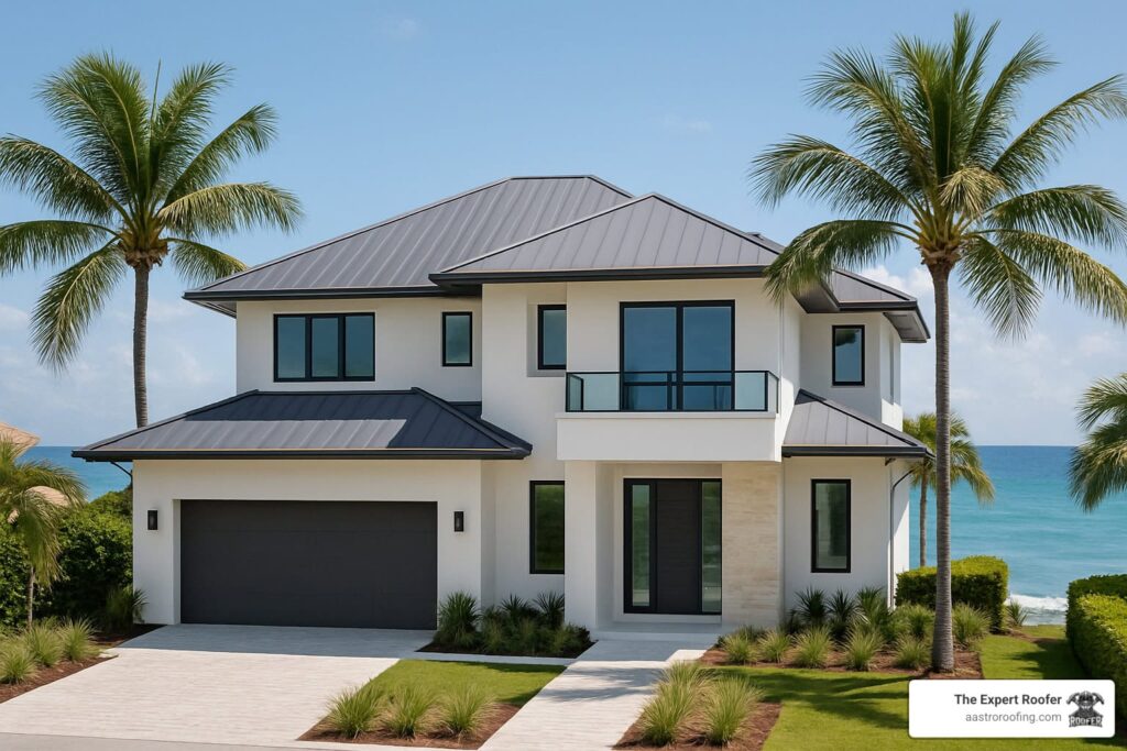A modern two-story house with a gray metal roof, large windows, and a balcony, surrounded by palm trees and overlooking the ocean. The sky is clear and sunny. A roofing company logo is in the bottom right corner.