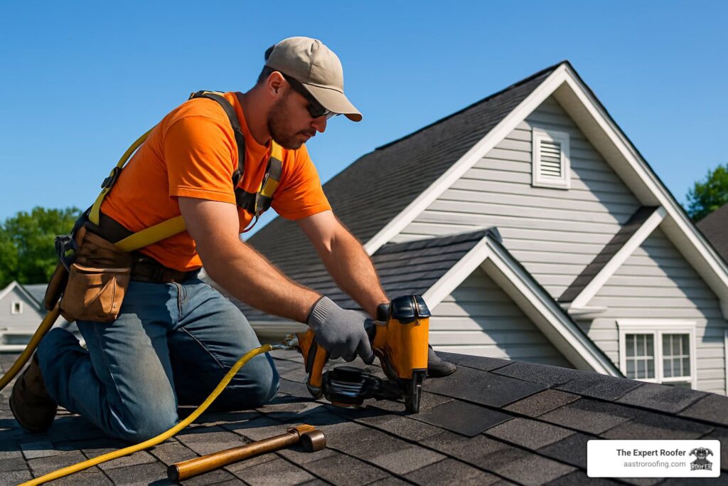 Professional roofer installing shingles on a residential roof under a clear blue sky
