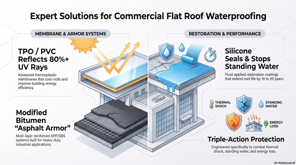Infographic of commercial flat roof  waterproofing solutions